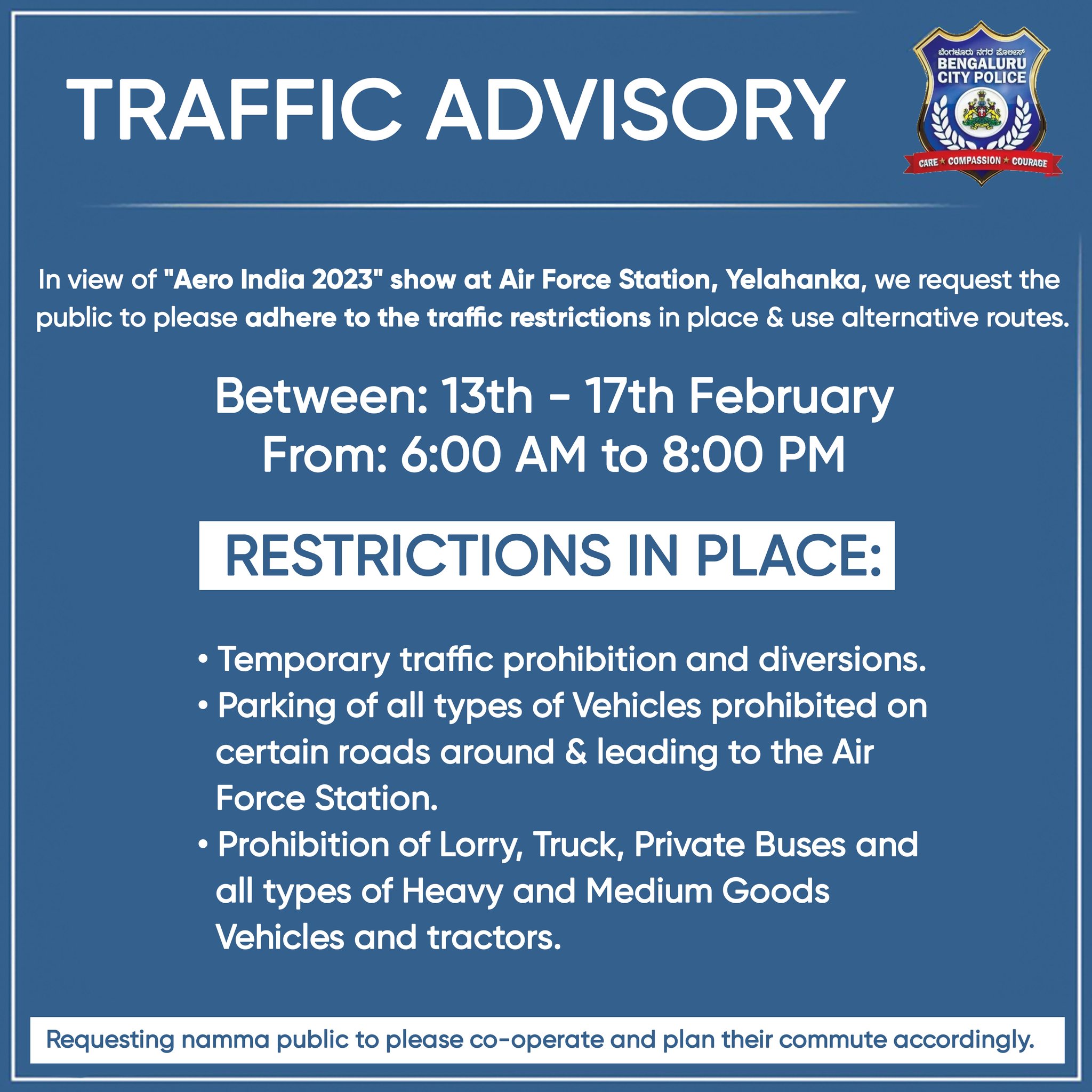 Bengaluru Police Issue Guidelines For Commuters Ahead Of The Aero India Show 93 Image