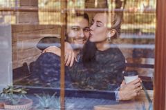 romantic date couple love beautiful girl sitting her boyfriend s lap cafe behind window 131534446