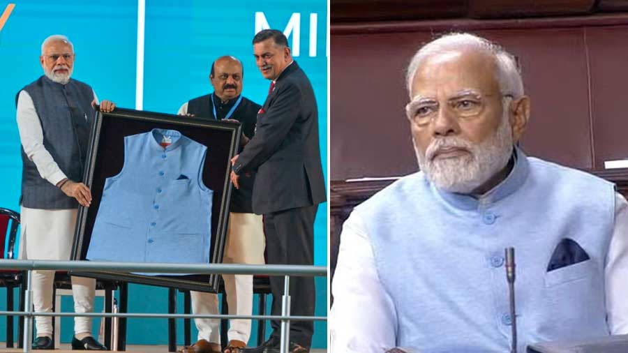 PM Modi Wears A Special Blue Jacket Made Of Recycled Plastic Bottles In Parliament 87 Recycled pet bottle - Prime Minister Narendra Modi wears jacket gifted by India Oil made of material recycled from plastic bottles - Telegraph India
