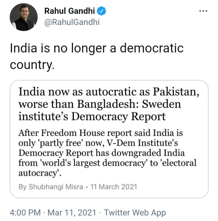 Shift from ‘Largest Democracy’ to ‘Electoral Autocracy’: Swedish Institute’s Democracy Report 90 Twitter