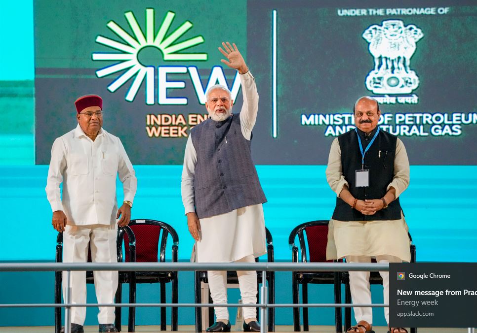 What Is Indian Oil Corp's Unbottled Initiative Which Was Green Flagged By PM Modi? 93 Bengaluru: Prime Minister Narendra Modi with Karnataka Governor TC Gehlot and Chief Minister Basavaraj Bommai at the India Energy Week in Bengaluru.