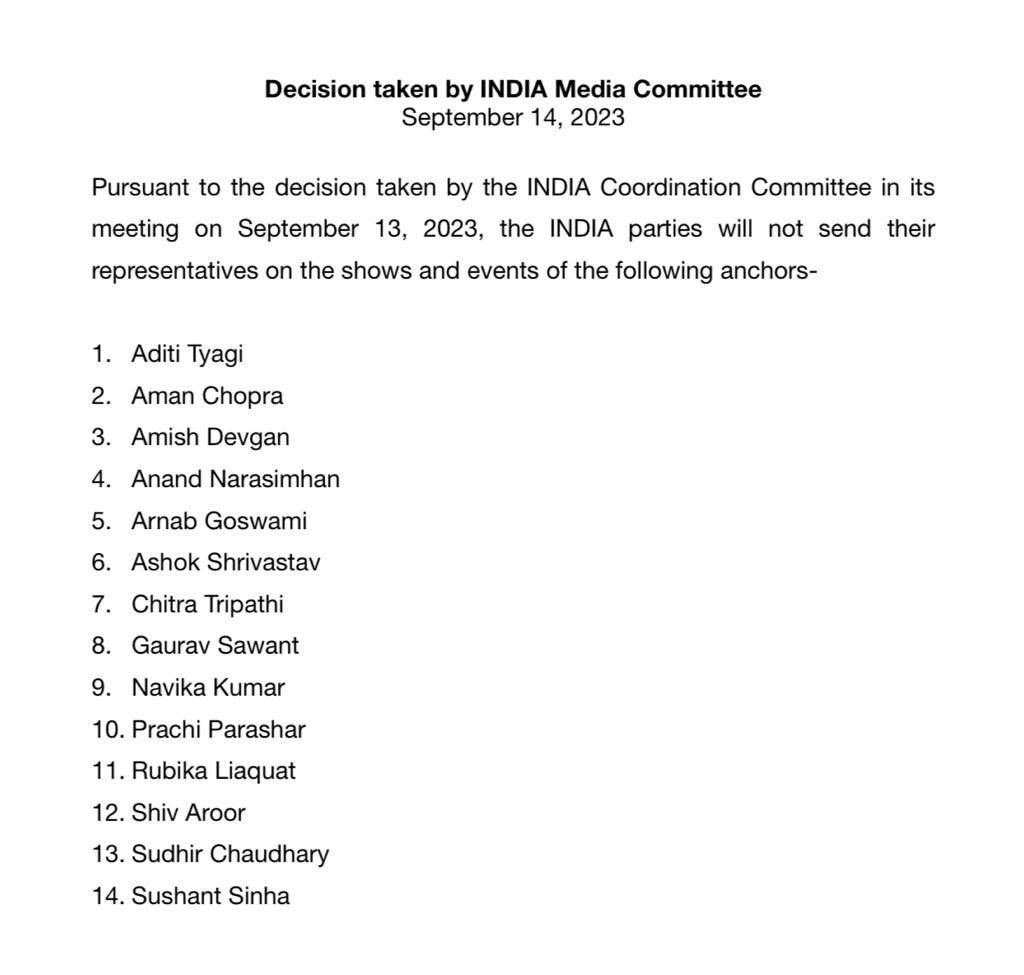 Blacklist Of 14 TV Anchors By INDIA Coalition Sparks BJP's Accusations Of Media Intimidation 87 INDIA